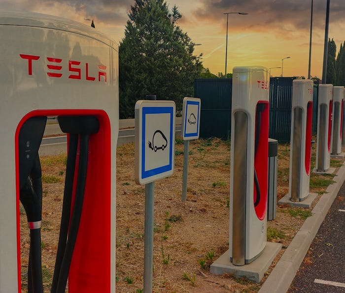 Tesla superchargers on a motorway rest area in France, (Var, France)