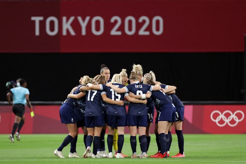 Britain's players gather before the Tokyo 2020 Olympic Games women's group E first round football ma...
