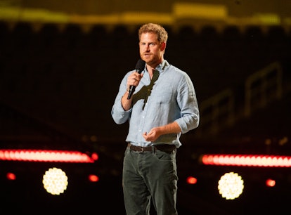 INGLEWOOD, CA - MAY 02: Prince Harry gives remarks at the Vax Live concert at SoFi Stadium on Sunday...