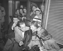 Humphrey Bogart, Evelyn Keyes, Lauren Bacall, and Joe Sistrom in Washington, D.C. to protest the gov...