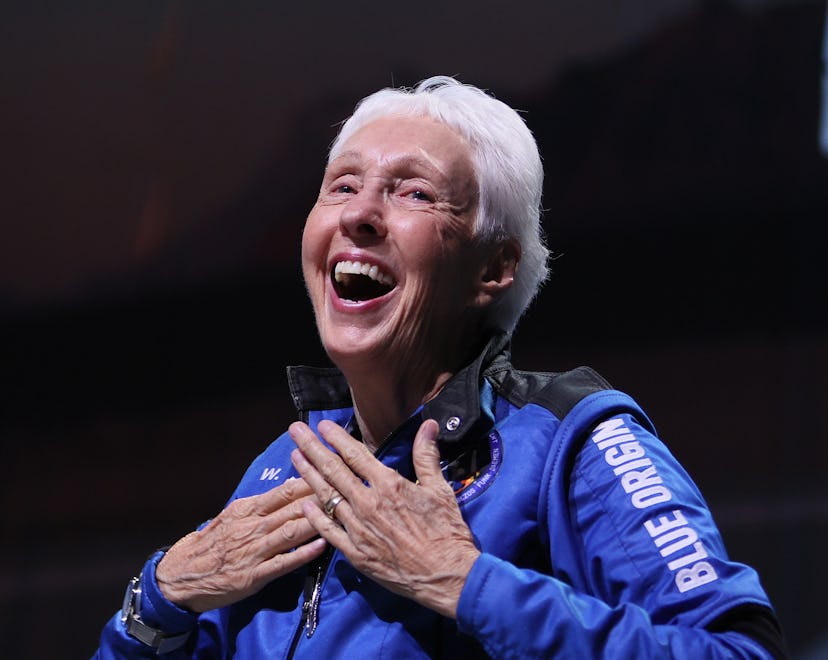 VAN HORN, TEXAS - JULY 20: Blue Origin’s New Shepard crew member Wally Funk speaks during a press co...