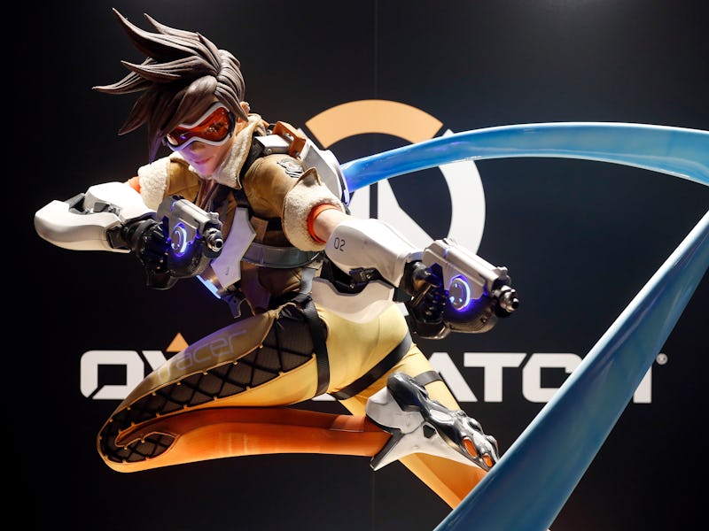 PARIS, FRANCE - OCTOBER 25: A figurine of the video game " Overwatch developed and published by Bl...