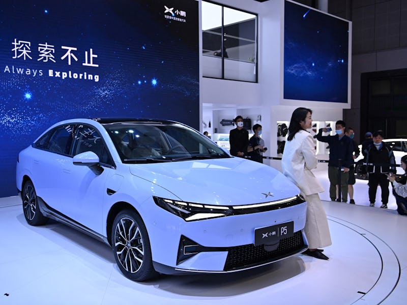 A Xpeng P5 car is seen during the 19th Shanghai International Automobile Industry Exhibition in Shan...