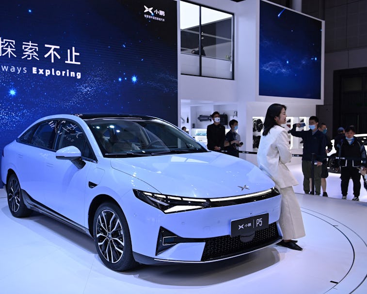 A Xpeng P5 car is seen during the 19th Shanghai International Automobile Industry Exhibition in Shan...