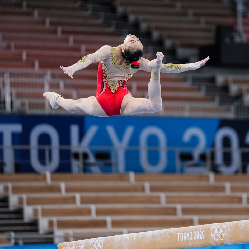 TOKYO, JAPAN - JULY 22: A Chinese female gymnast takes part in a training session ahead of the Tokyo...