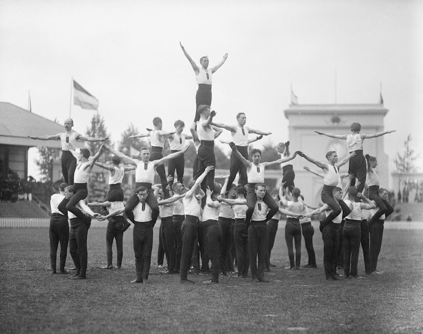 (Original Caption) 9/7/1920-Antwerp, Belgium- Picture shows a men's gymnast group in a configuration...