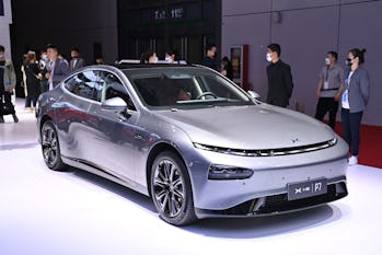 A Xpeng P7 car is seen during the 19th Shanghai International Automobile Industry Exhibition in Shan...