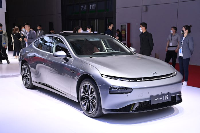 A Xpeng P7 car is seen during the 19th Shanghai International Automobile Industry Exhibition in Shan...