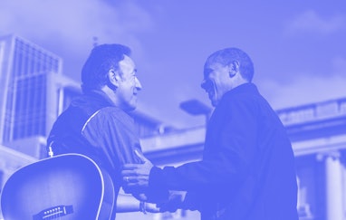 MADISON, WISCONSIN: NOVEMBER 5 -- Bruce Springsteen shares a moment with President Barack Obama duri...