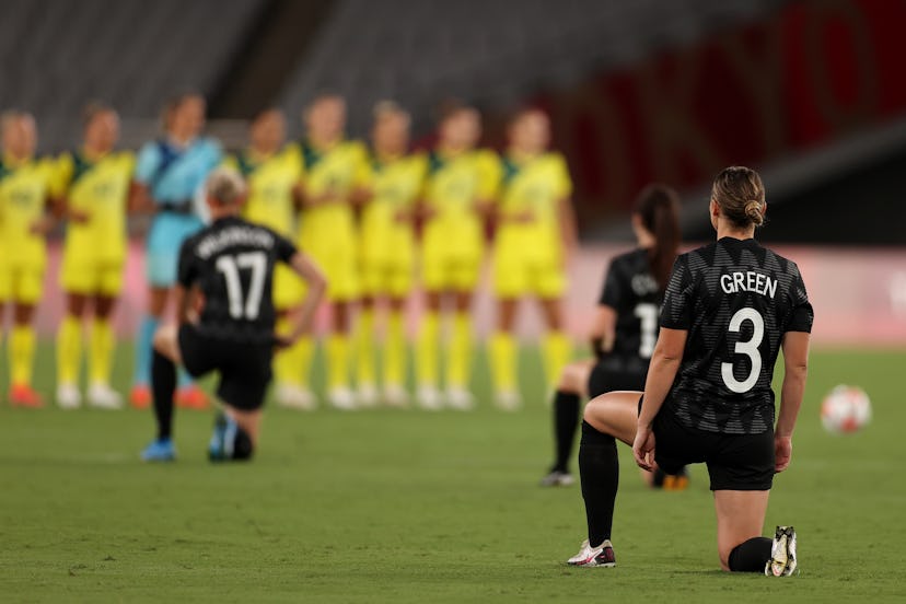 CHOFU, JAPAN - JULY 21: Anna Green #3 of Team New Zealand takes a knee in support of the Black Lives...