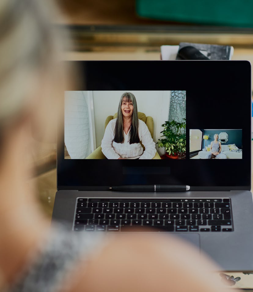 Mature women communicating on internet during therapy session, friends talking on video call, woman ...