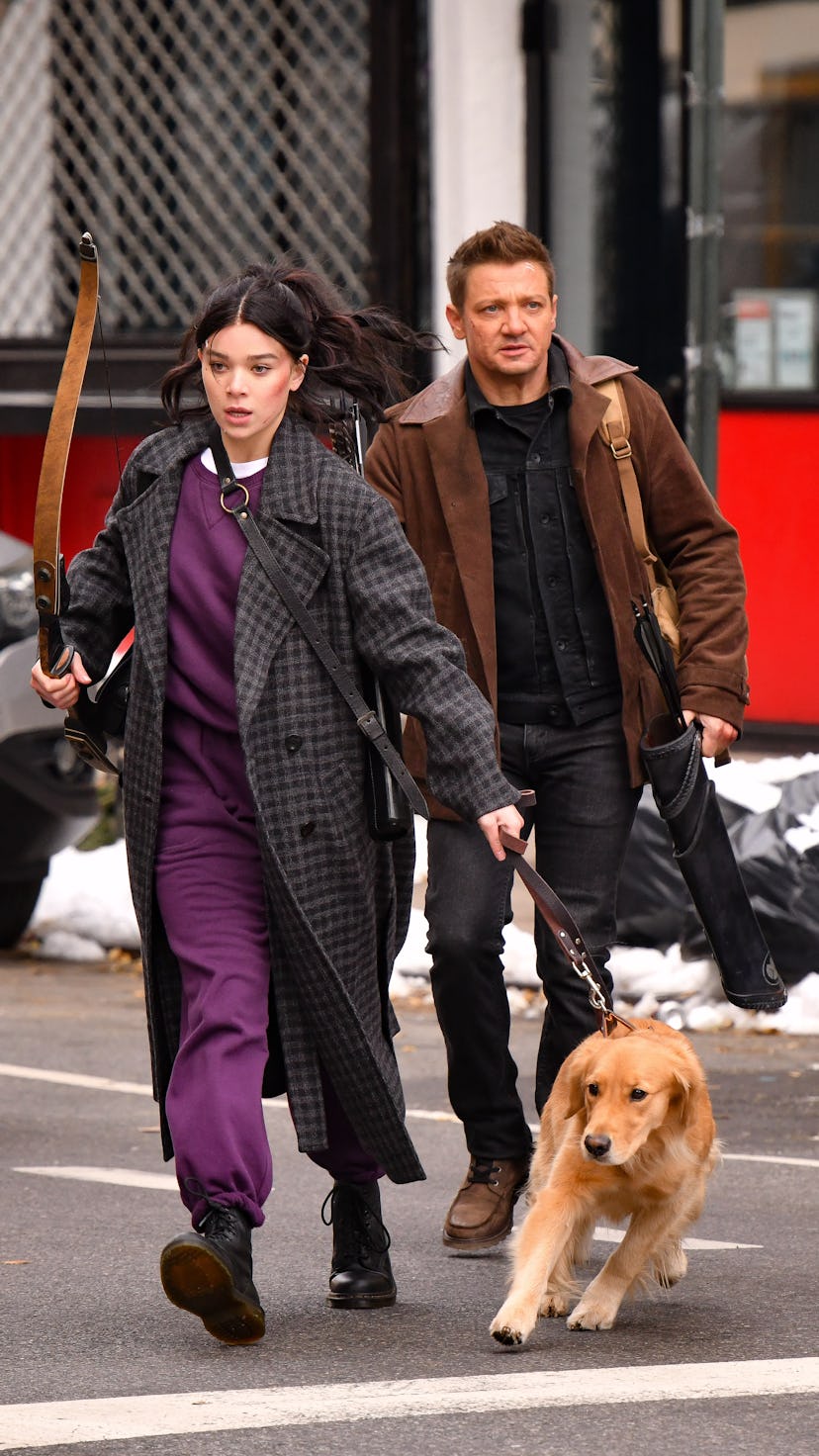 NEW YORK, NY - DECEMBER 08:  Hailee Steinfeld and Jeremy Renner seen on the set of 'Hawkeye' on the ...