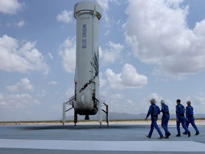 VAN HORN, TEXAS - JULY 20: Blue Origin’s New Shepard crew (L-R) Jeff Bezos, Wally Funk, Oliver Daeme...