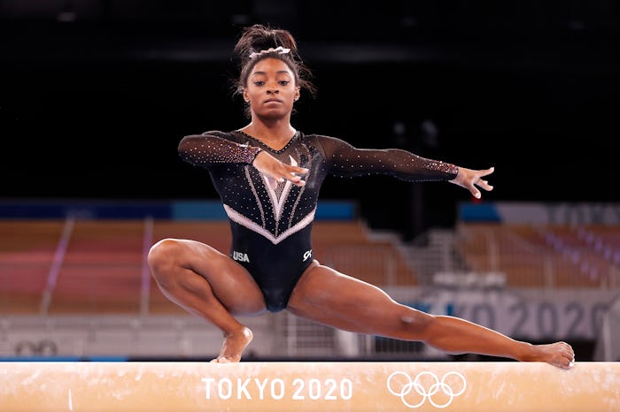 TOKYO, JAPAN - JULY 22: Simone Biles of Team United States trains on balance beam during Women's Pod...