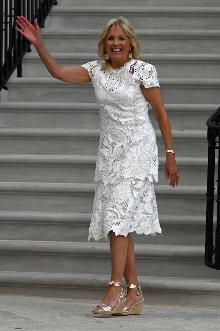 US First Lady Jill Biden waves after US President Joe Biden delivered a speech during Independence D...