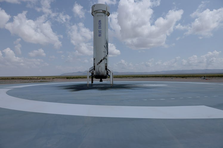 VAN HORN, TEXAS - JULY 20: The booster for Blue Origin’s New Shepard sits on the landing pad after p...