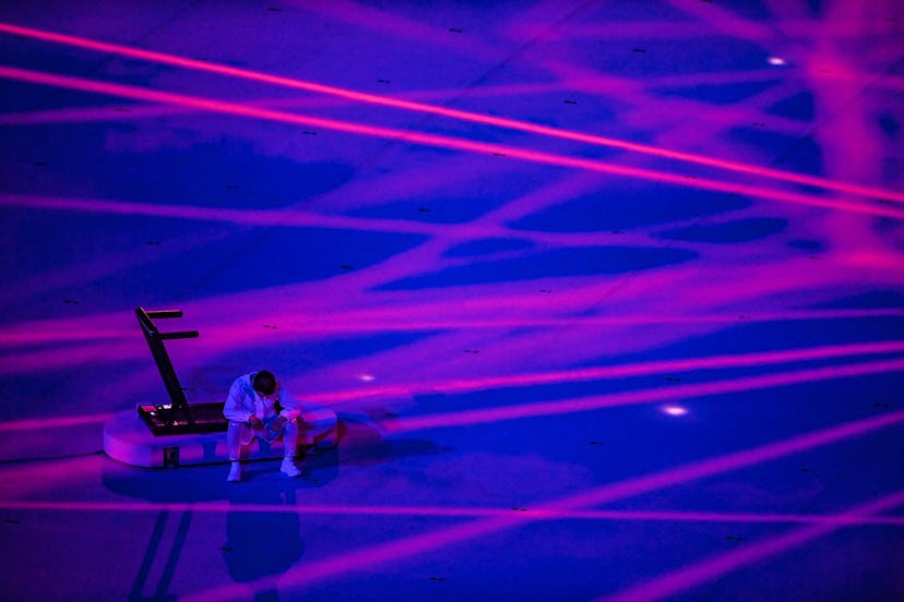 An Olympic hopeful ran on a treadmill at the opening ceremony.