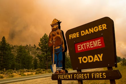 MARKLEEVILLE, CALIFORNIA, UNITED STATES - 2021/07/17: A fire danger sign seen outside the Tamarack f...