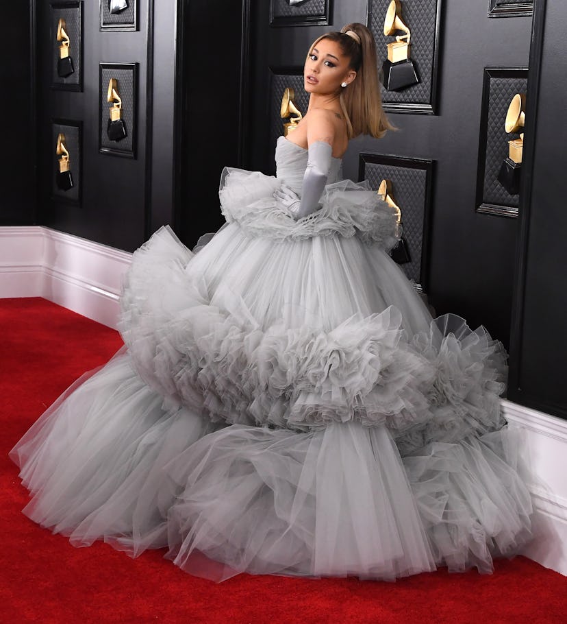 Ariana Grande in a grey gown at the 62nd Annual GRAMMY Awards in 2020
