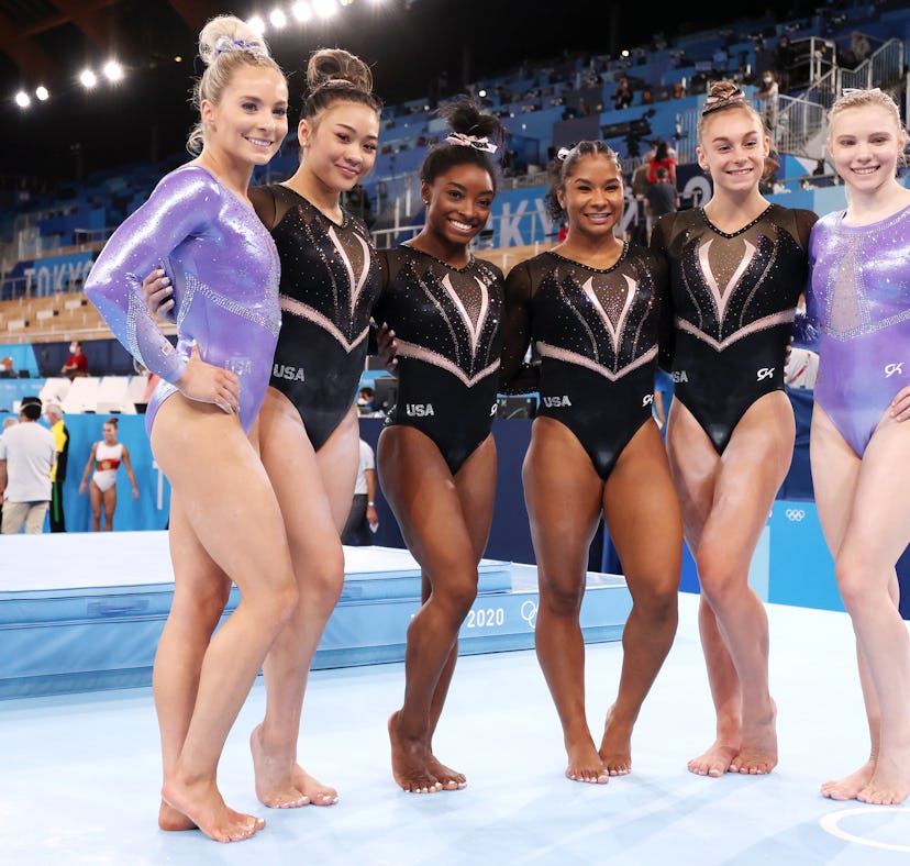 TOKYO, JAPAN - JULY 22: (L-R) MyKayla Skinner, Sunisa Lee, Simone Biles, Jordan Chiles, Grace McCall...