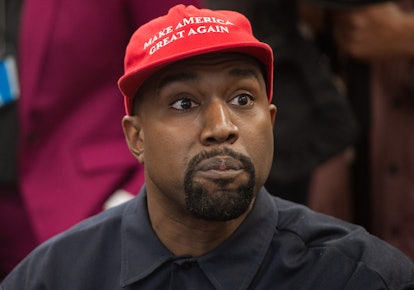 Rapper Kanye West speaks during his meeting with US President Donald Trump in the Oval Office of the...