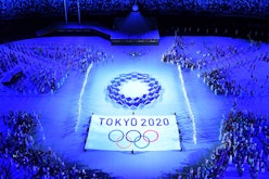 An overview shows the Tokyo 2020 emblem during the opening ceremony of the Tokyo 2020 Olympic Games,...