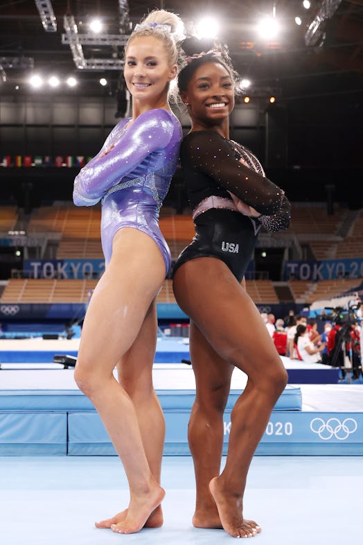 Team USA gymnasts MyKayla Skinner and Simone Biles pose for a picture in Swarowski-bedazzled GK Elit...