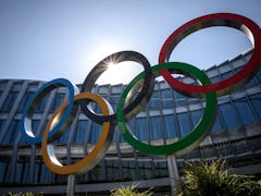 The Olympic Rings logo is pictured in front of the headquarters of the International Olympic Committ...