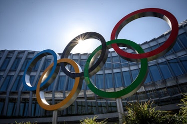 The Olympic Rings logo is pictured in front of the headquarters of the International Olympic Committ...