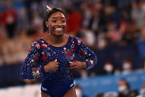 USA's Simone Biles reacts after competing in the artistic gymnastics balance beam event of the women...