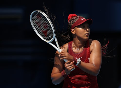 TOKYO, JAPAN - JULY 25: Naomi Osaka of Team Japan plays a backhand during her Women's Singles First ...