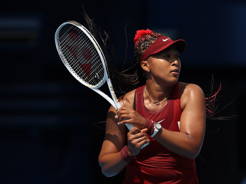 TOKYO, JAPAN - JULY 25: Naomi Osaka of Team Japan plays a backhand during her Women's Singles First ...