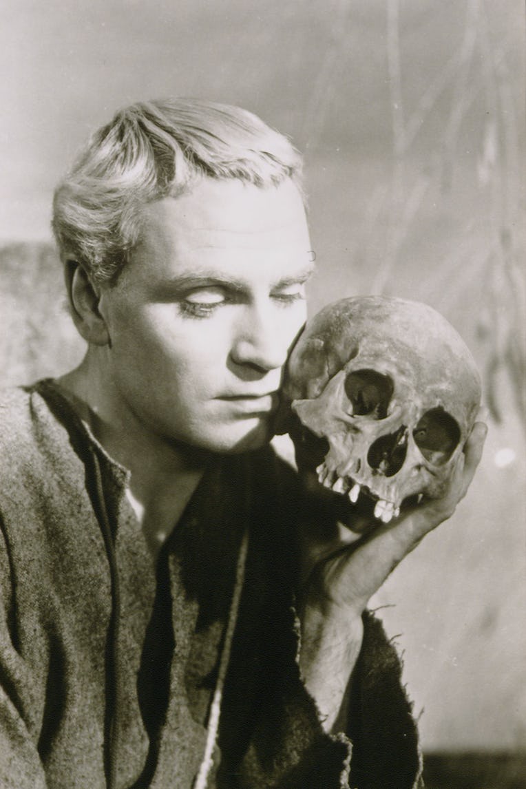British actor Laurence Olivier on the set of Hamlet, based on the play by William Shakespeare and di...