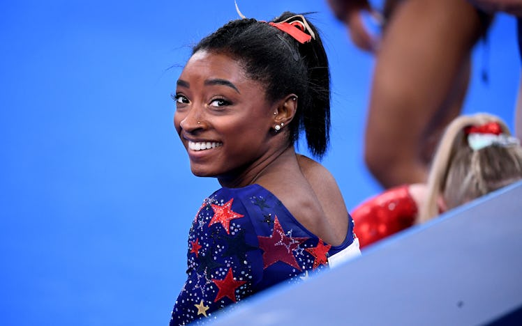 -TOKYO,JAPAN July 24, 2021: USAs Simone Biles smiles in between sessions in the womens team qualifyi...