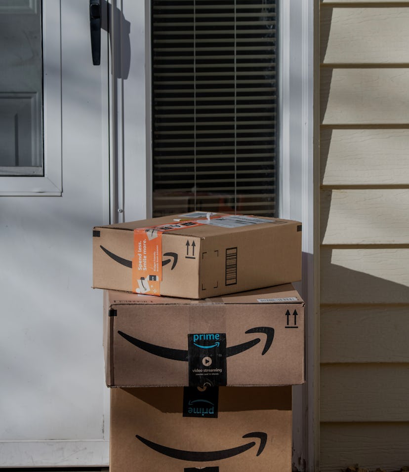 Amazon delivery, packages at residential door, Vadnais Heights, Minnesota. (Photo by: Michael Siluk/...