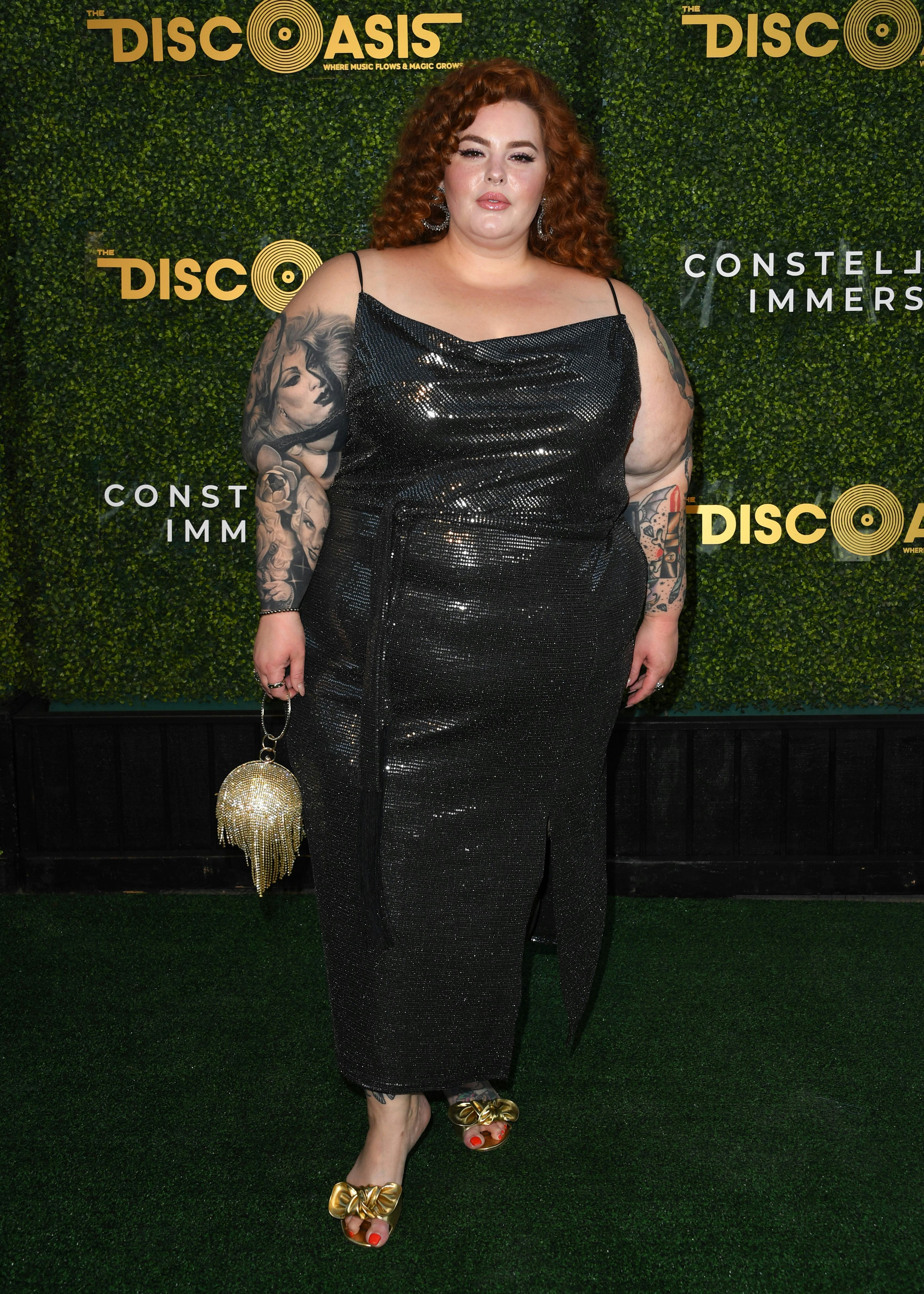 PALOS VERDES ESTATES, CALIFORNIA - JULY 21: Tess Holliday arrives at The DiscOasis VIP Night at South Coast Botanic Garden on July 21, 2021 in Palos Verdes Estates, California. (Photo by Jon Kopaloff/FilmMagic)