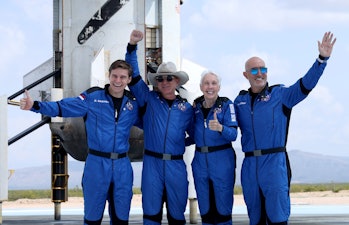 VAN HORN, TEXAS - JULY 20: Blue Origin’s New Shepard crew (L-R) Oliver Daemen, Jeff Bezos, Wally Fun...