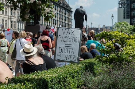 LONDON, UNITED KINGDOM - JULY 19: Demonstrators protest against lockdowns and Covid-19 vaccines in P...