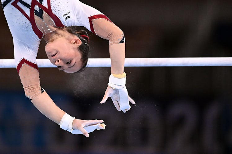 Germany's Kim Bui competes in the uneven bars event of the artistic gymnastics women's qualificatio...
