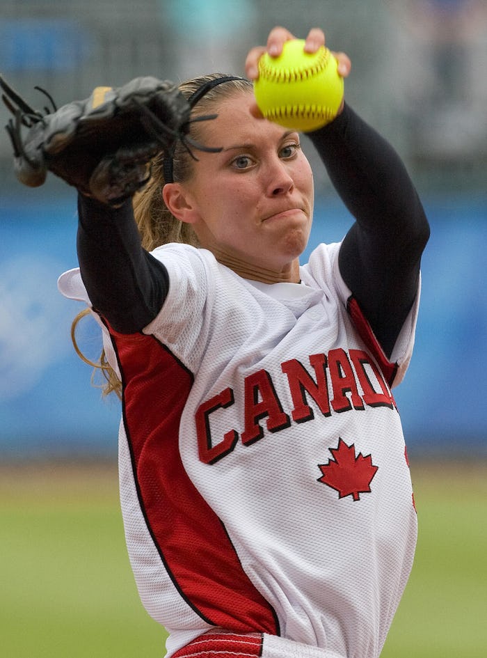 Canada's opener pitcher Lauren Bay Regula throws during the third inning of their semifinal softball...