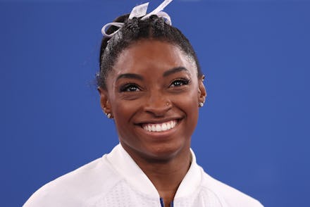 TOKYO, JAPAN - JULY 27: Simone Biles of Team United States smiles during the Women's Team Final on d...