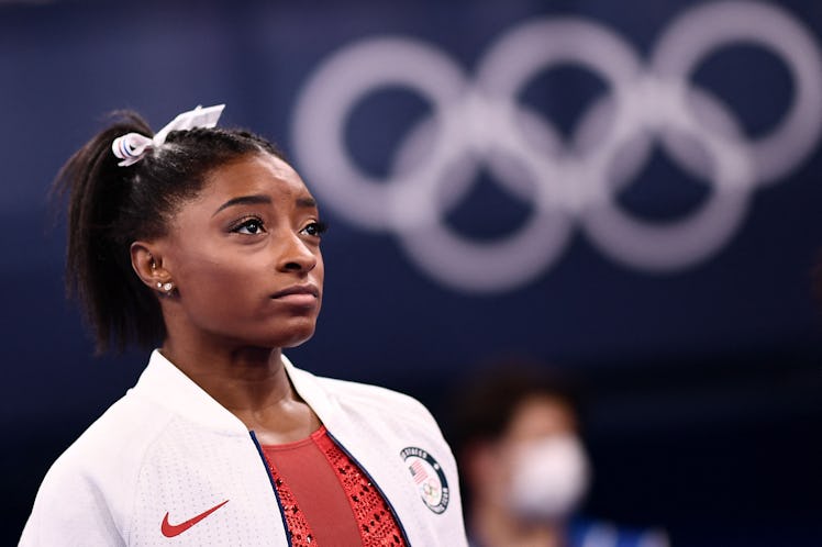 USA's Simone Biles looks on during the artistic gymnastics women's team final during the Tokyo 2020 ...