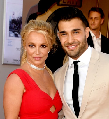HOLLYWOOD, CALIFORNIA - JULY 22: Britney Spears (L) and Sam Asghari arrive at the premiere of Sony P...