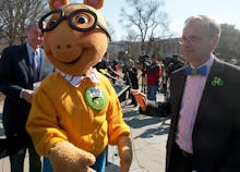 UNITED STATES Ð FEBRUARY 16: From left, Rep. Edward Markey, D-Mass., Arthur, the aardvark from PBS K...