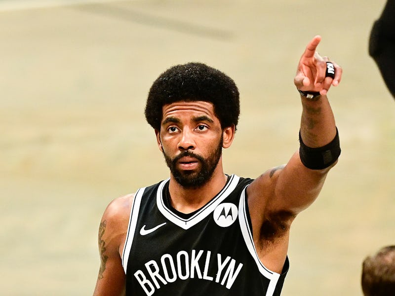 NEW YORK, NEW YORK - JUNE 05: Kyrie Irving #11 of the Brooklyn Nets acknowledges the fans prior to ...