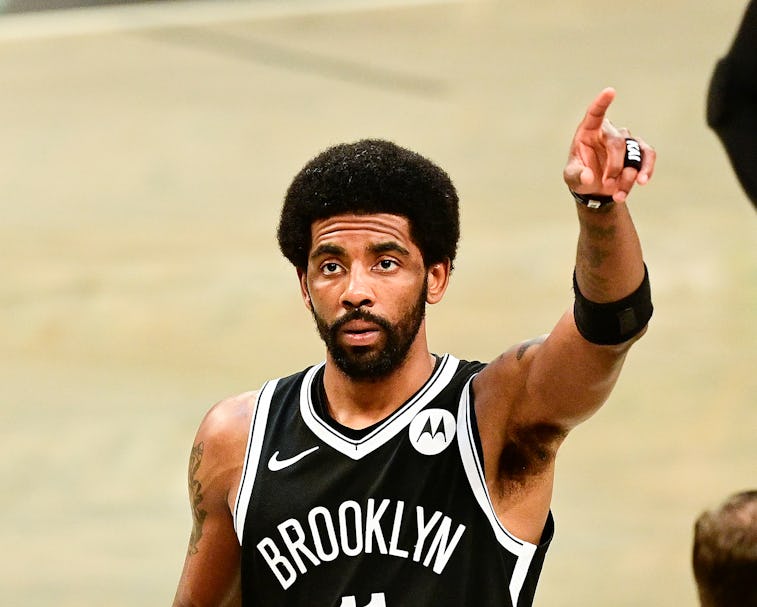 NEW YORK, NEW YORK - JUNE 05:  Kyrie Irving #11 of the Brooklyn Nets acknowledges the fans prior to ...