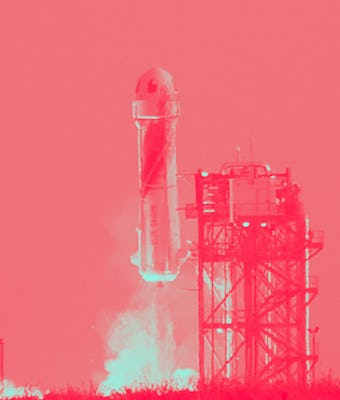 VAN HORN, TEXAS - JULY 20:  Blue Origin’s New Shepard lifts-off from the launch pad carrying Jeff Be...