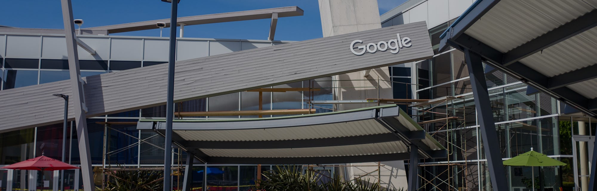 Facade with logo at the Googleplex, headquarters of Google Inc in the Silicon Valley, Mountain View,...