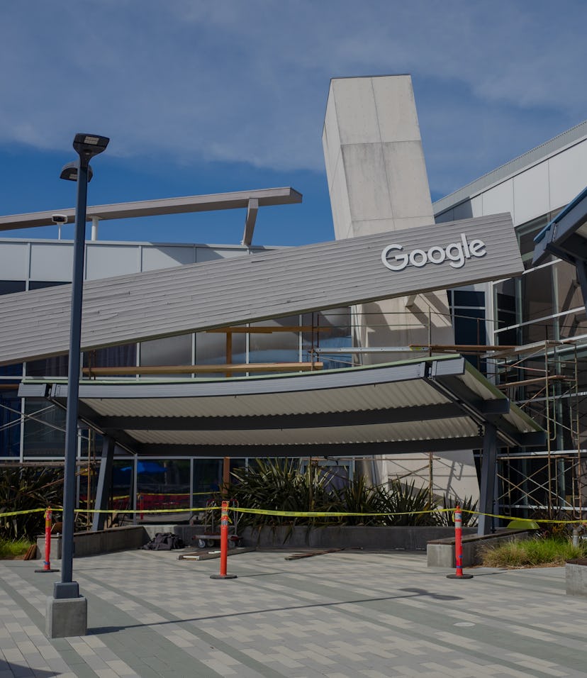 Facade with logo at the Googleplex, headquarters of Google Inc in the Silicon Valley, Mountain View,...