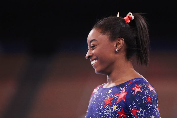 TOKYO, JAPAN - JULY 25: Simone Biles of Team United States reacts during Women's Qualification on da...